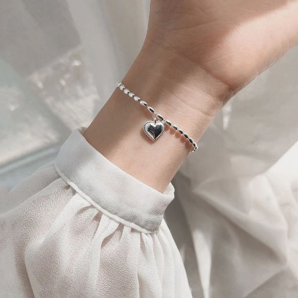 925 Sterling Silver Dainty Beaded Heart Bracelet - Picture 3 of 9